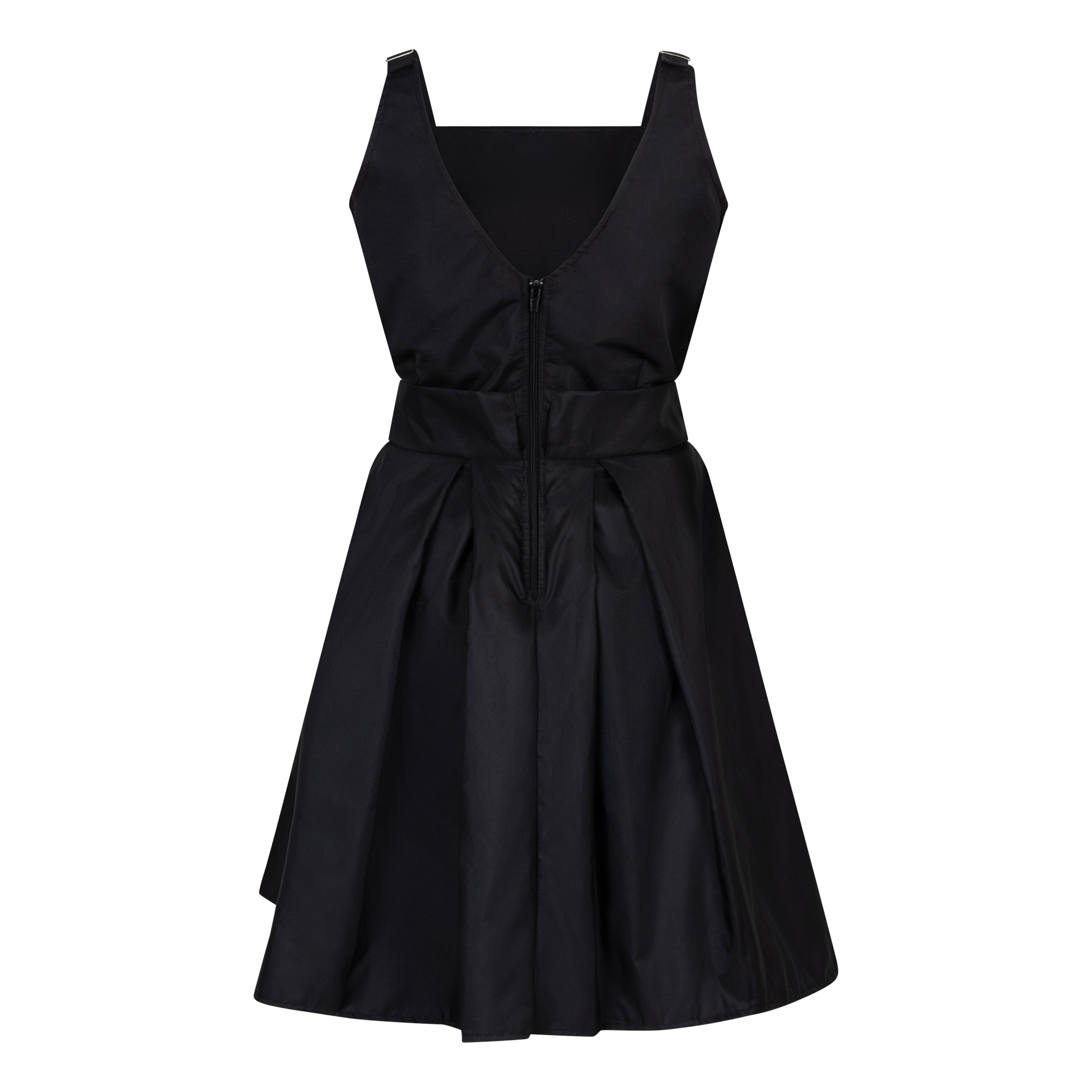 The Picou Nylon Dress is a black sleeveless piece featuring a square neckline and a wide waistband adorned with a subtle decorative clasp. It boasts a knee-length, pleated skirt that adds volume and texture. The smooth, slightly glossy fabric makes it perfect for achieving a casual yet chic style.
