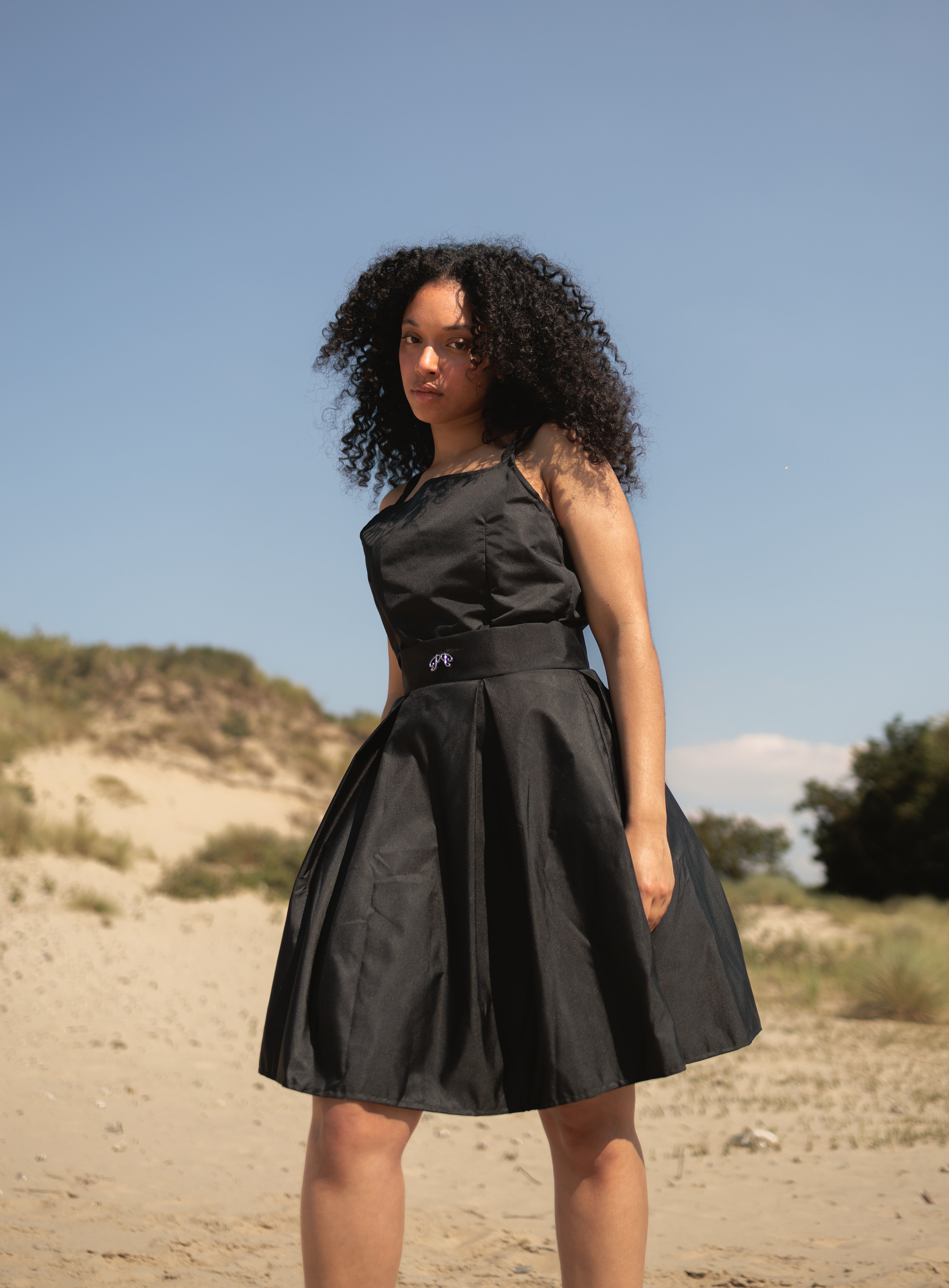 The Picou Nylon Dress is a black sleeveless piece featuring a square neckline and a wide waistband adorned with a subtle decorative clasp. It boasts a knee-length, pleated skirt that adds volume and texture. The smooth, slightly glossy fabric makes it perfect for achieving a casual yet chic style.