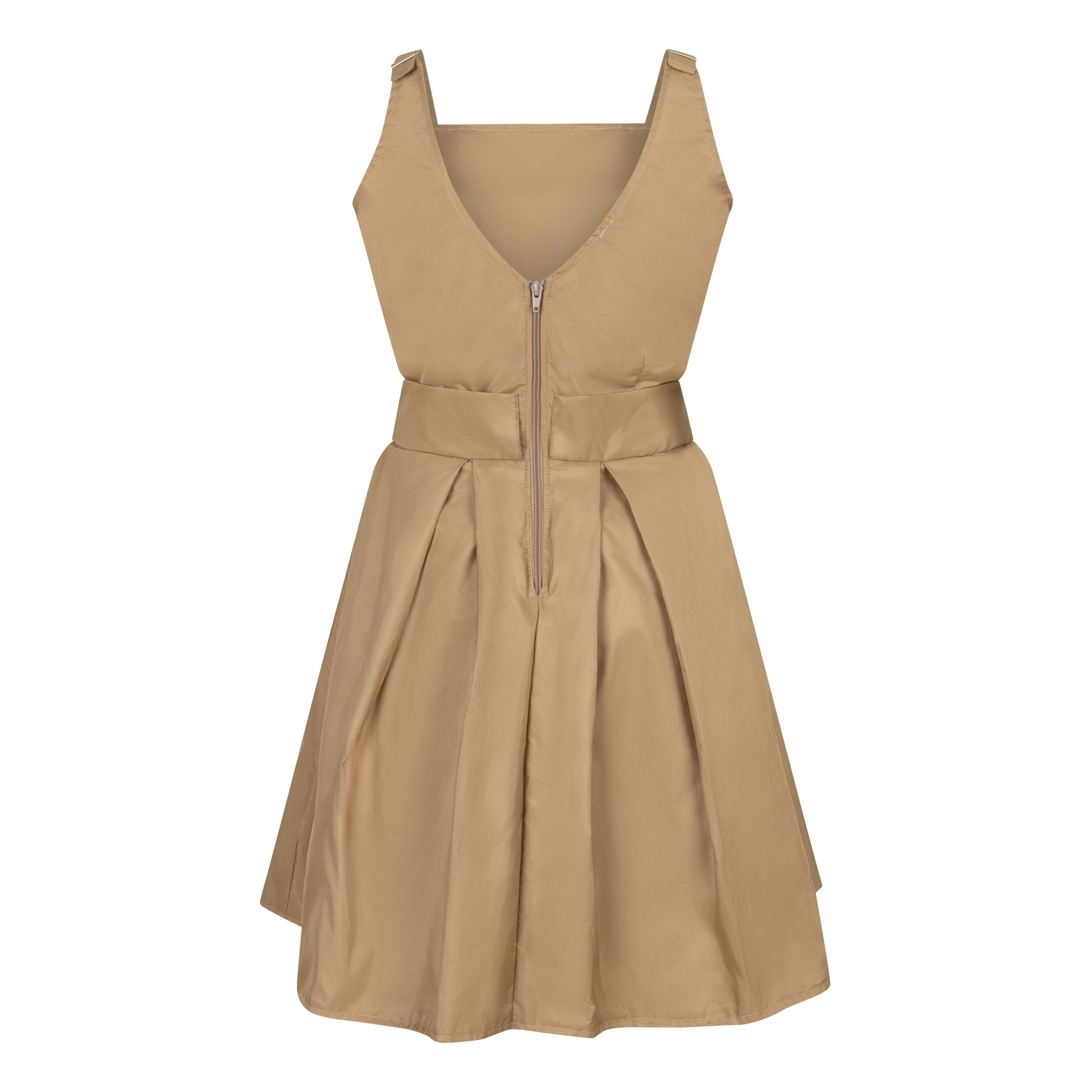 The Picou Nylon Dress is a chic, sleeveless beige dress that falls to the knee. It features a square neckline and wide shoulder straps, with a fitted waist adorned with decorative trim. The flared skirt is neatly pleated, creating an elegant look that's both classic and trendy.