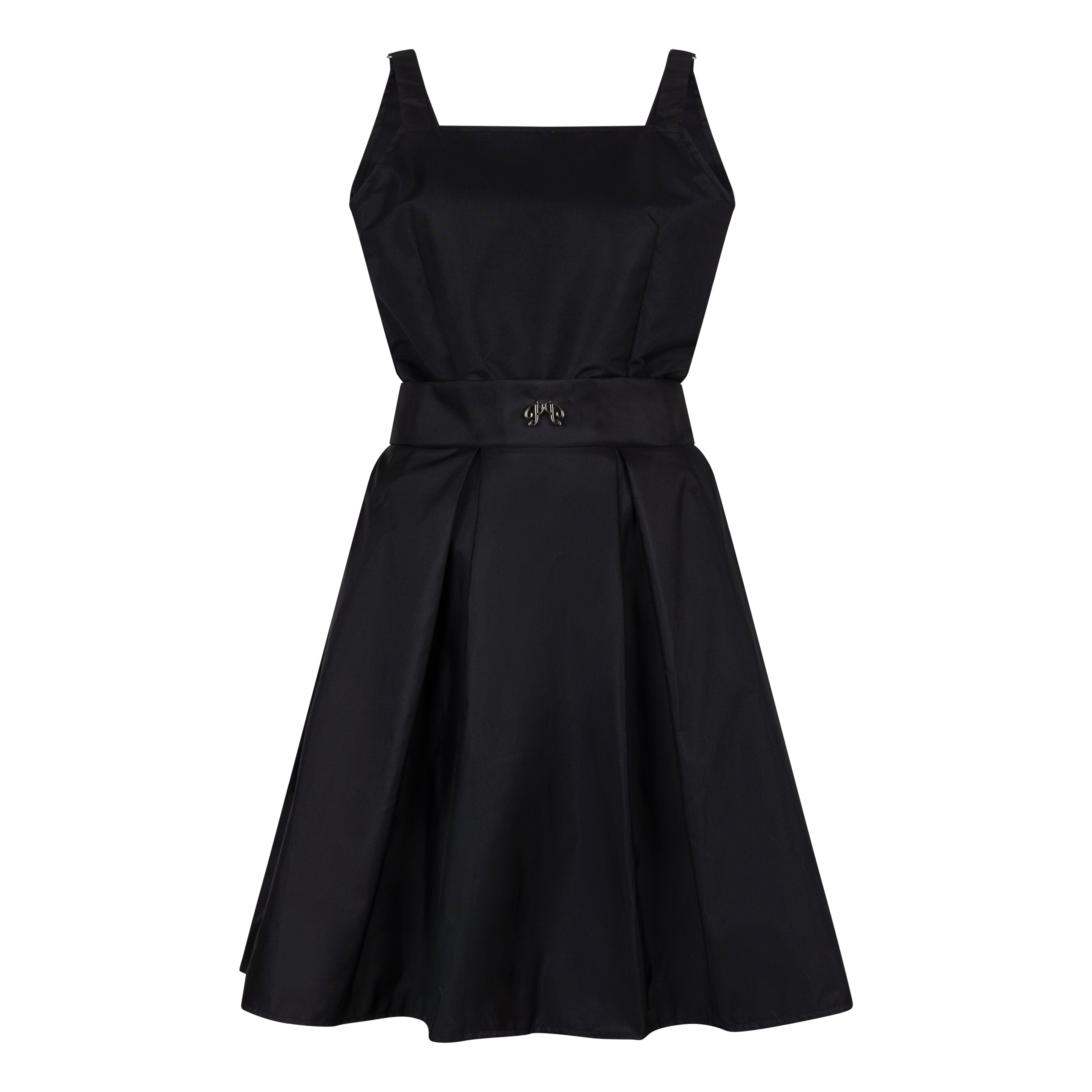 The Picou Nylon Dress is a black sleeveless piece featuring a square neckline and a wide waistband adorned with a subtle decorative clasp. It boasts a knee-length, pleated skirt that adds volume and texture. The smooth, slightly glossy fabric makes it perfect for achieving a casual yet chic style.