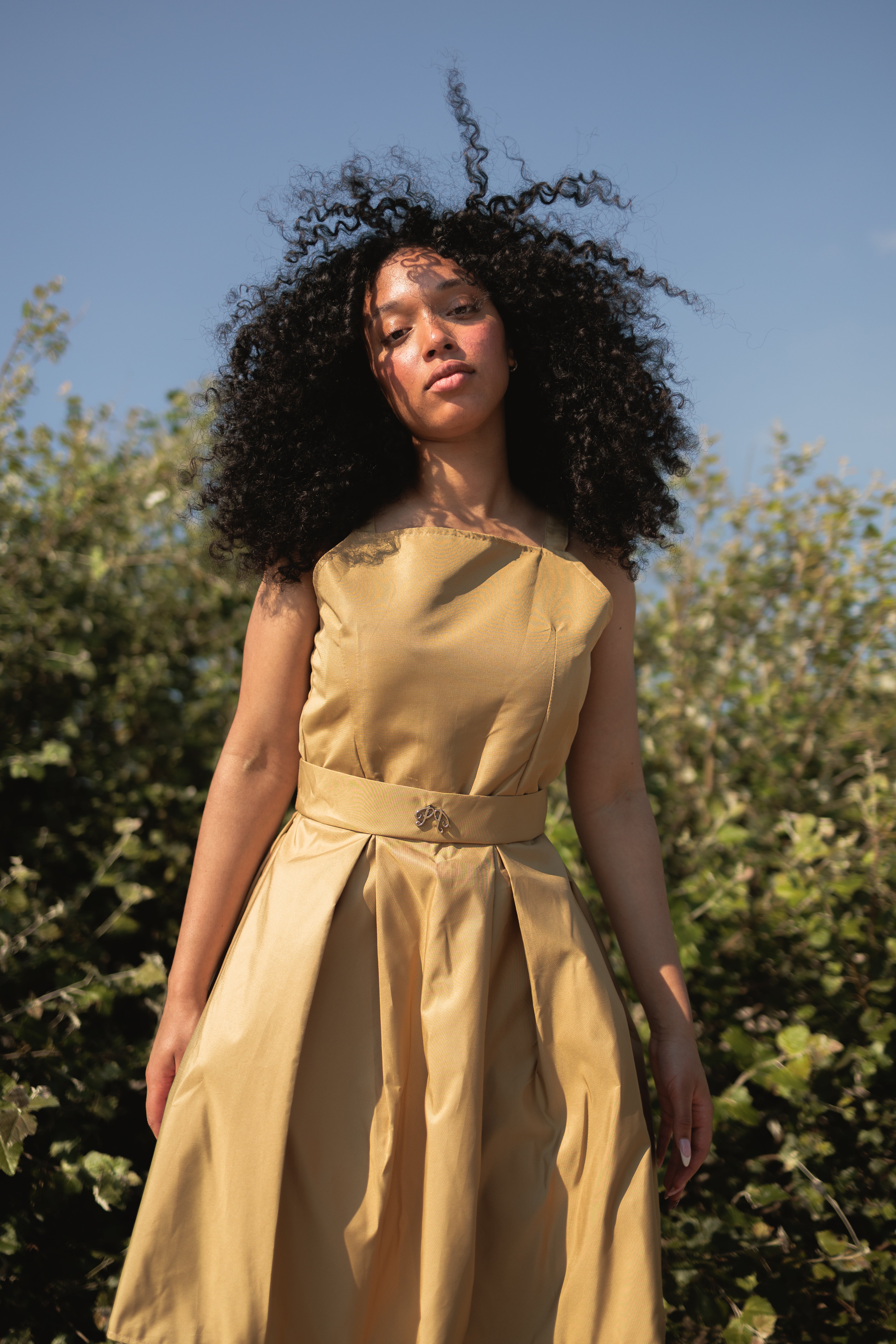 The Picou Nylon Dress is a chic, sleeveless beige dress that falls to the knee. It features a square neckline and wide shoulder straps, with a fitted waist adorned with decorative trim. The flared skirt is neatly pleated, creating an elegant look that's both classic and trendy.