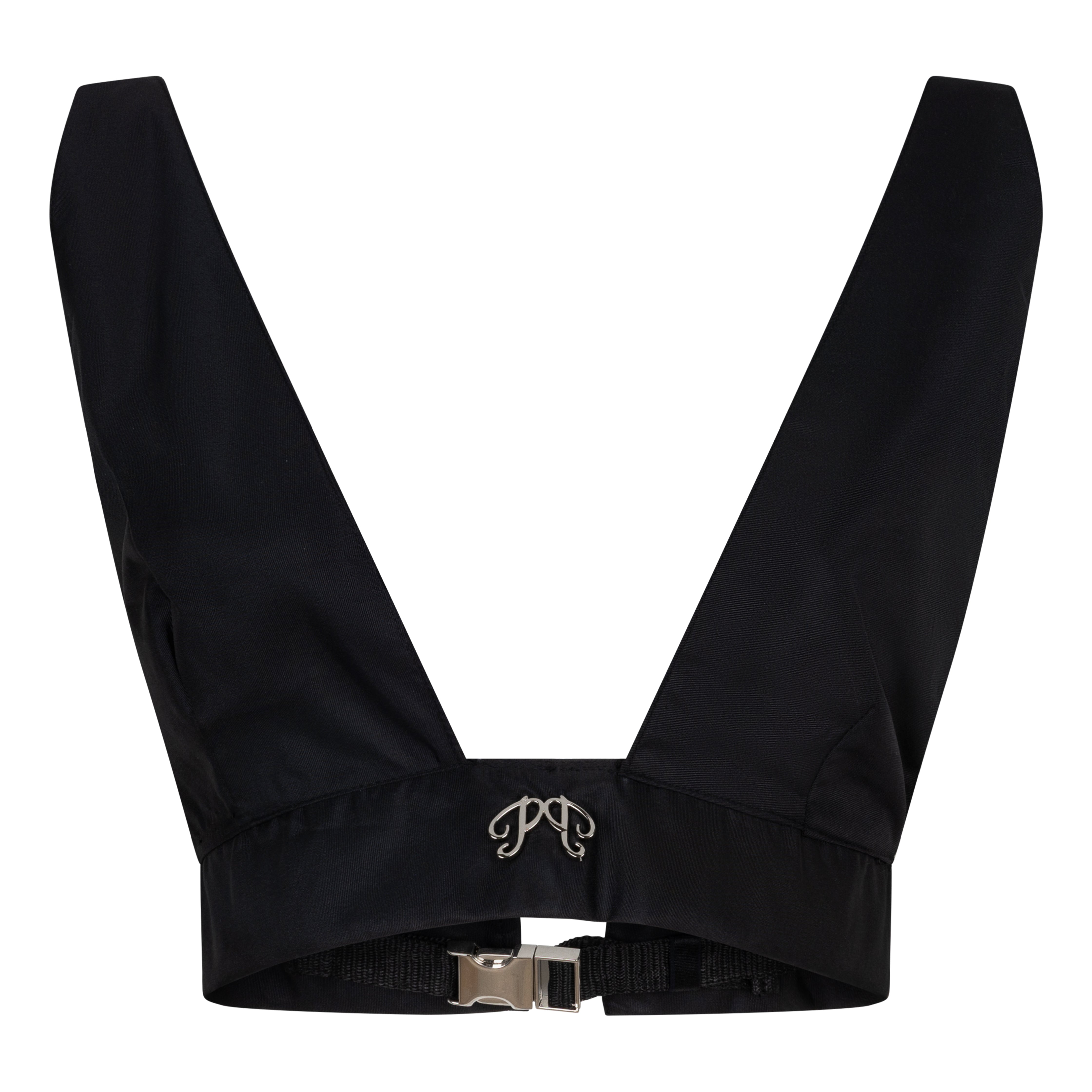 Picou nylon bralette in black: a luxurious piece featuring deep V-neck design with shoulder straps secured with silver buckle. At the front a center, metal logo element. High quality craftmanship
