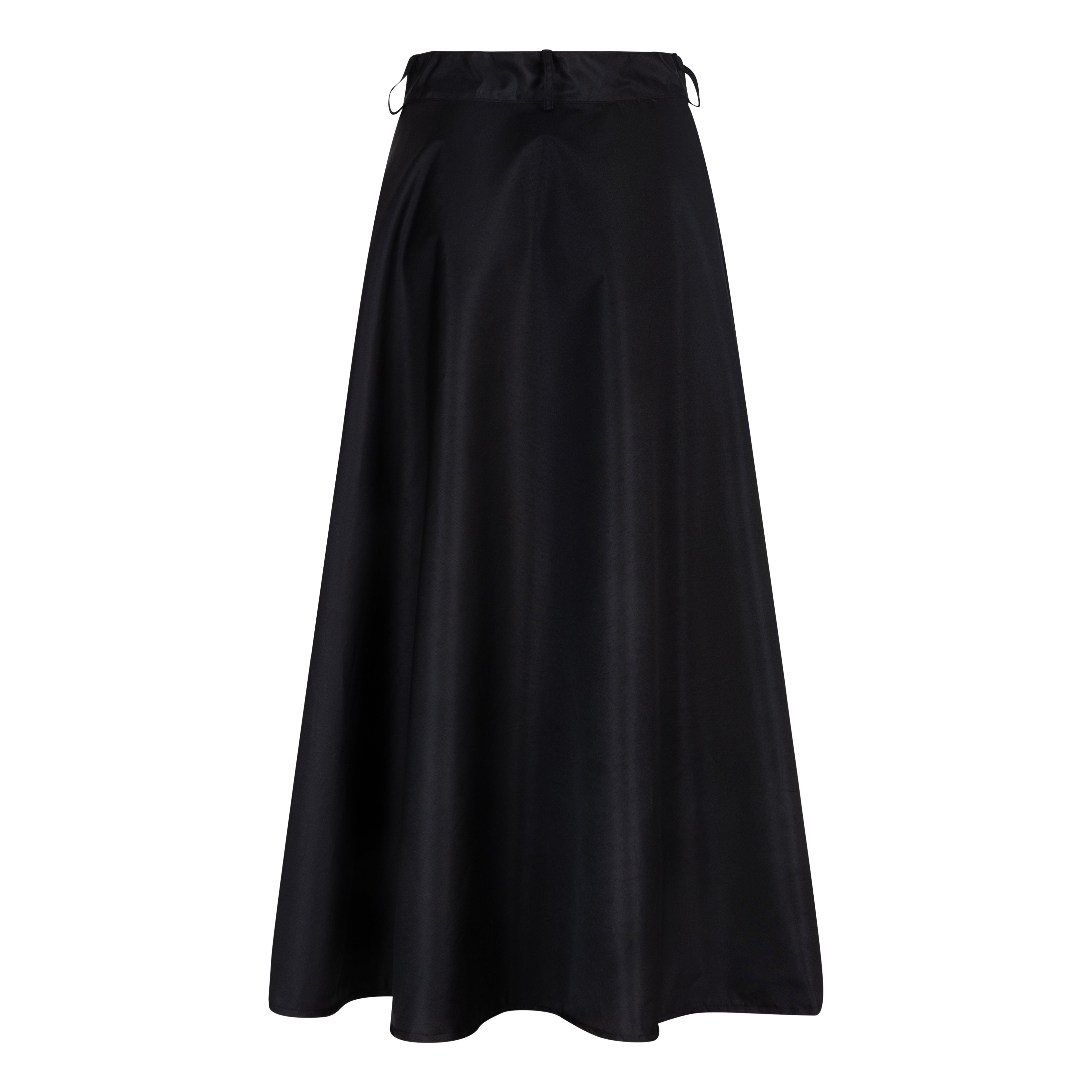 Long, A-line black nylon skirt by Picou, featuring a high waist and a slight flare at the bottom. The smooth and slightly glossy fabric enhances its trendy style and quality, while a small buckle at the waist adds an extra touch of detail.
