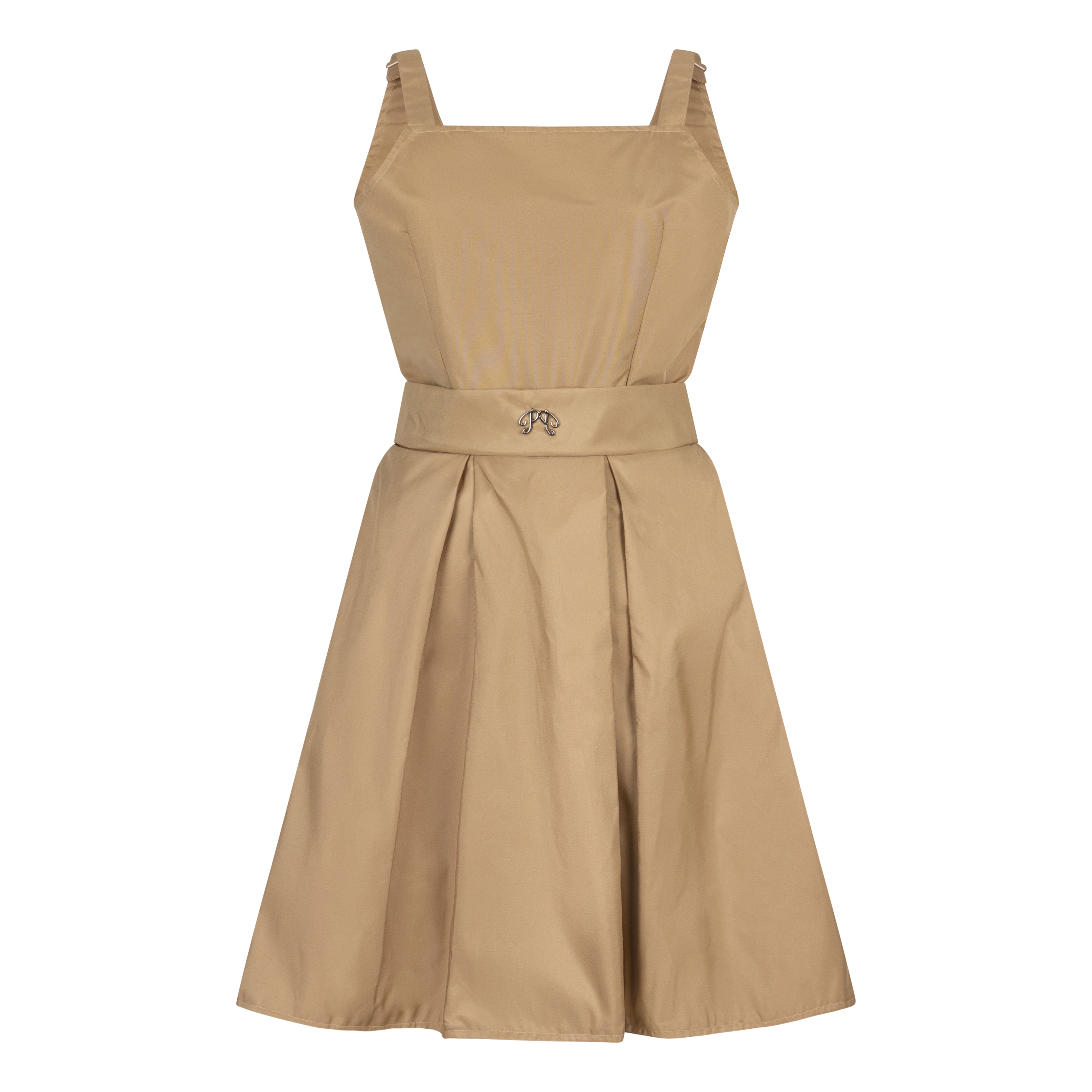 The Picou Nylon Dress is a chic, sleeveless beige dress that falls to the knee. It features a square neckline and wide shoulder straps, with a fitted waist adorned with decorative trim. The flared skirt is neatly pleated, creating an elegant look that's both classic and trendy.