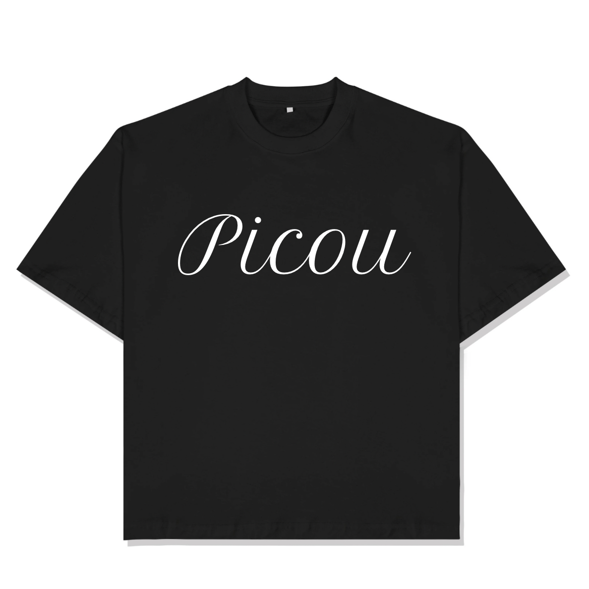 The Picou Cotton T-Shirt features the brand name elegantly written in cursive white letters across the front on a plain black background. A versatile and stylish addition to any fashion-forward wardrobe.