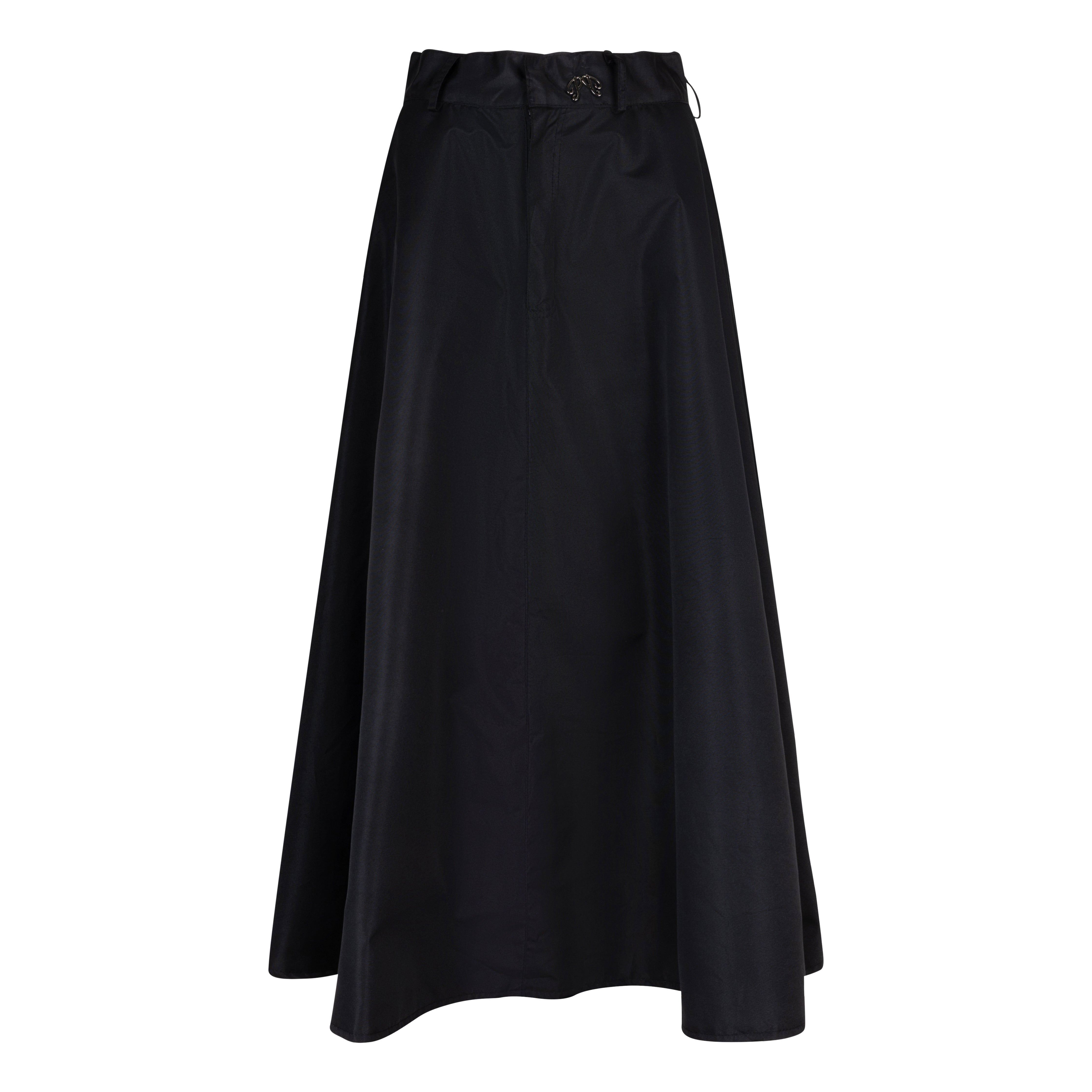 Long, A-line black nylon skirt by Picou, featuring a high waist and a slight flare at the bottom. The smooth and slightly glossy fabric enhances its trendy style and quality, while a small buckle at the waist adds an extra touch of detail.