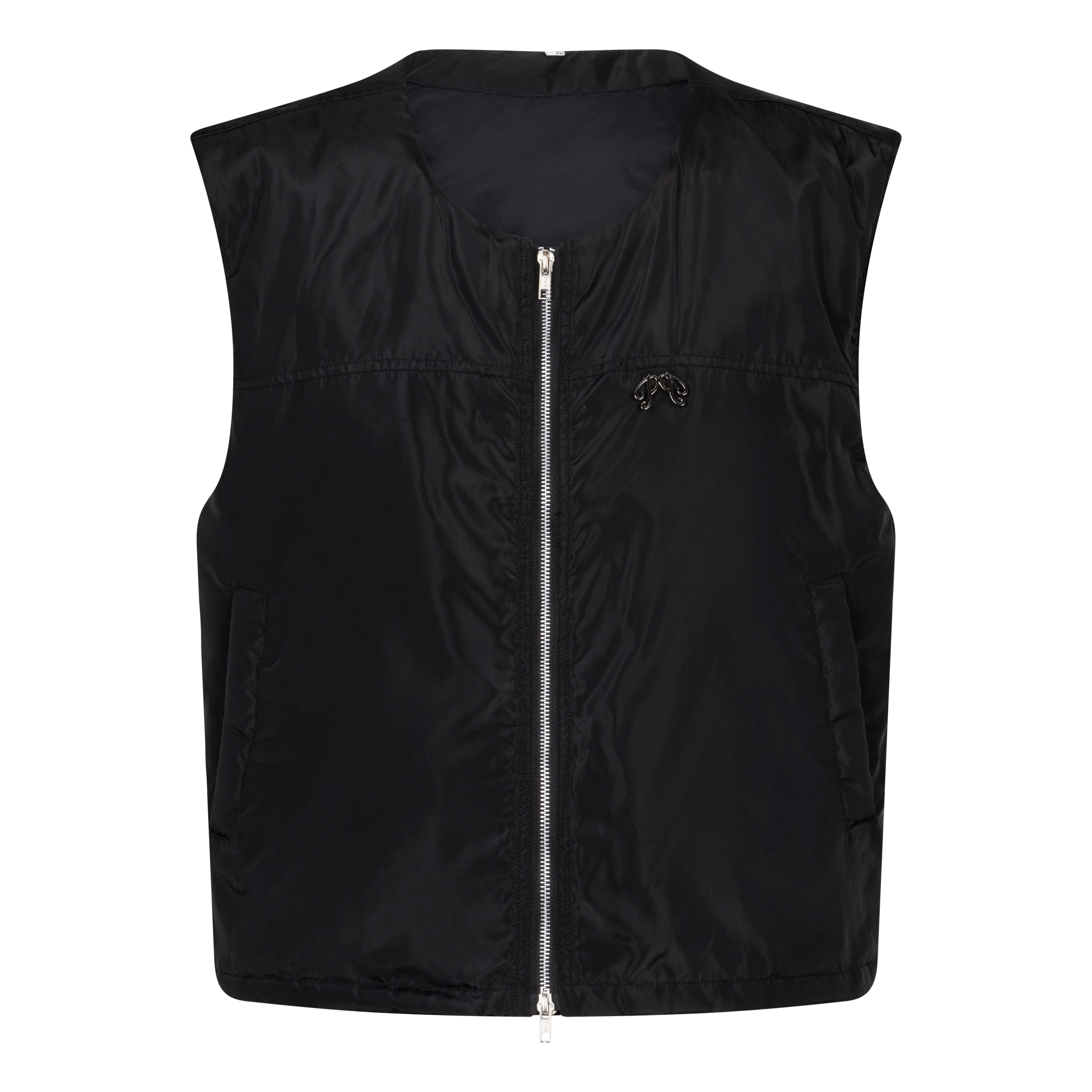 Picou Polyester bodywarmer in black exudes luxury and style with its shiny, lightweight fabric. This sleeveless zip-up vest features a high collar, two side pockets, and a small metal logo on the left side of the chest. The silver zipper adds a touch of contrast and quality to the overall black design.