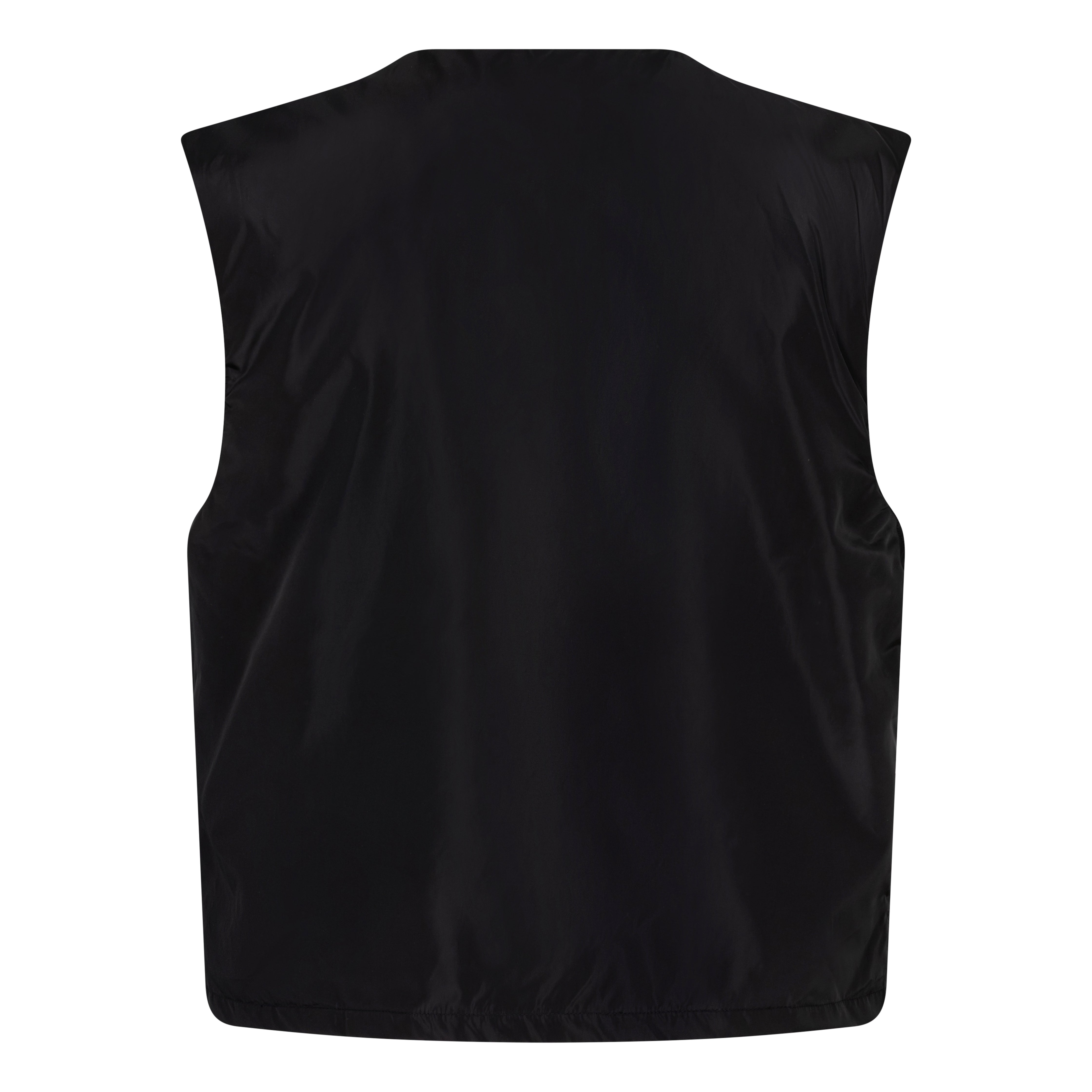 Picou Polyester bodywarmer in black exudes luxury and style with its shiny, lightweight fabric. This sleeveless zip-up vest features a high collar, two side pockets, and a small metal logo on the left side of the chest. The silver zipper adds a touch of contrast and quality to the overall black design.